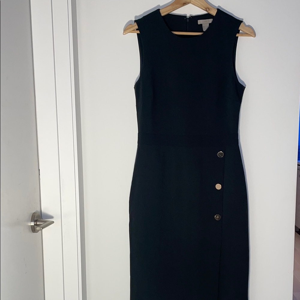 H&M Black and Gold Buttoned Sheath Midi Dress